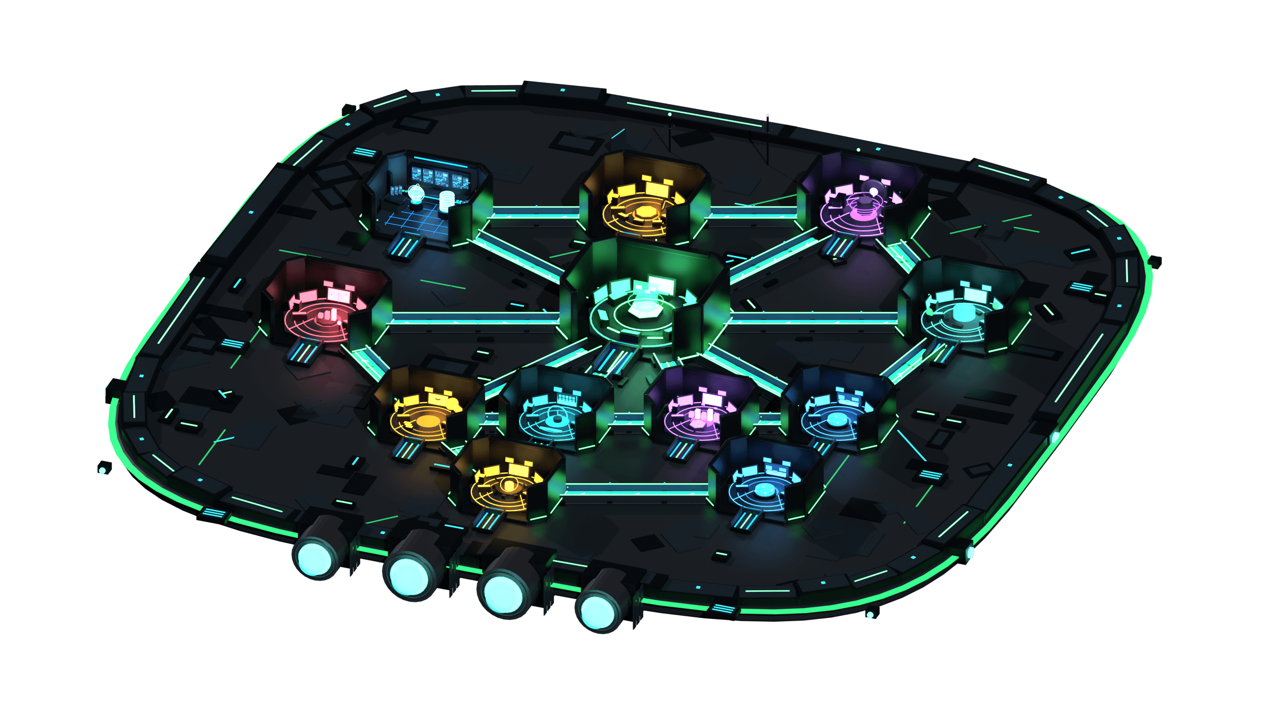 AI Eutopia command center interior showing all eleven stations laid out across one connected ship